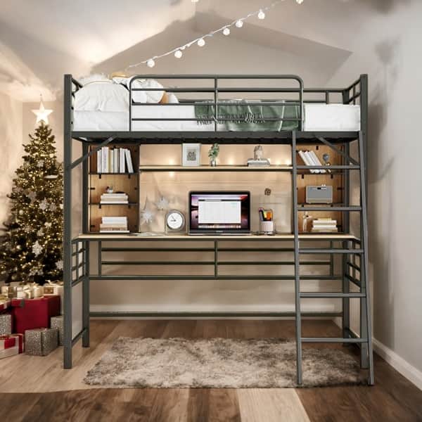 slide 2 of 18, Twin Size Loft Bed With Desk And Storage Shelves And Ladder for Home Black