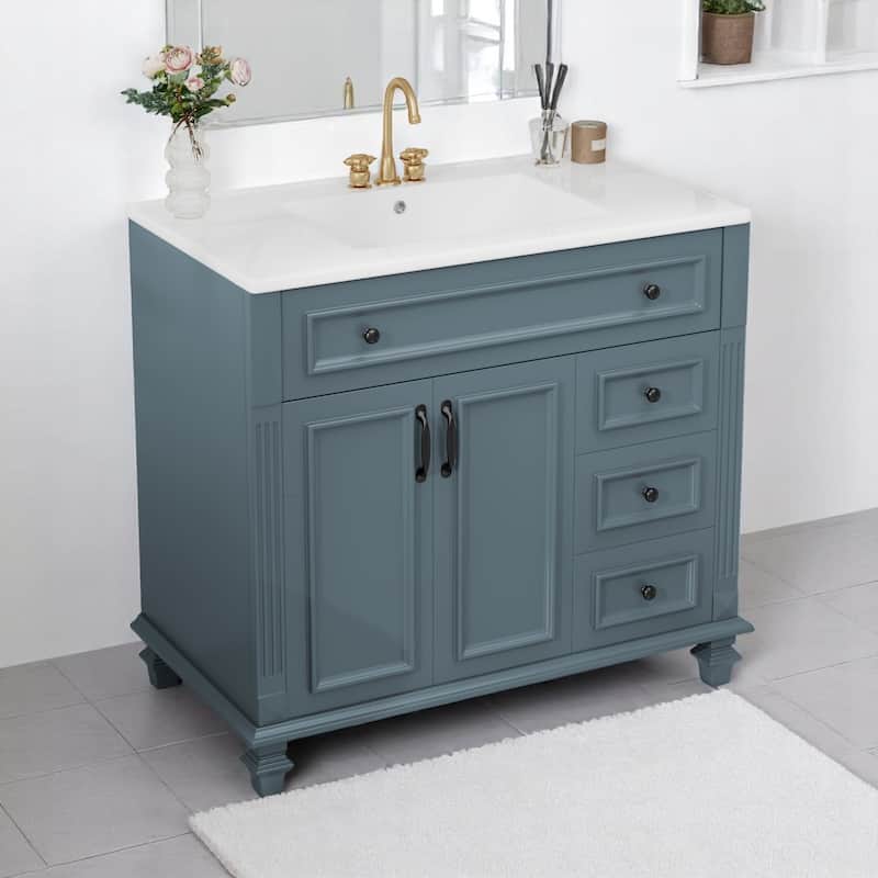 36" Bathroom Vanity with Ceramic Sink, Tilt-Out Drawer, 3 Drawers, Soft-Close Doors, Solid Wood & MDF Cabinet - Blue Gray