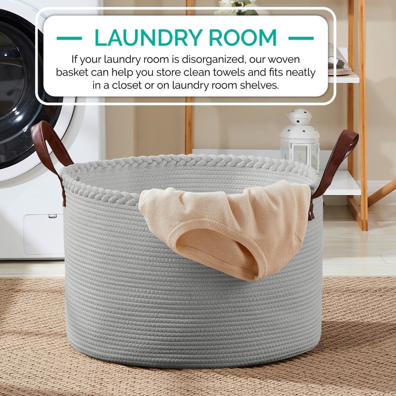 Large Round Cotton Rope Storage Basket Laundry Hamper with Leather Handles, 21 x 21 x 14 - 21" x 21" x 14"