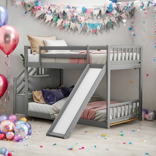 slide 2 of 26, Twin over Twin Bunk Bed with Convertible Slide and Stairway,Assembly required,No need Spring box,Gray Gray