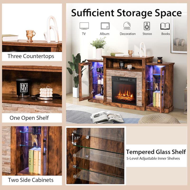 Electric Fireplace TV Stand with 16-Color LED Lights and Adjustable Glass Shelves for Living Room - 59" x 10" x 32.5"