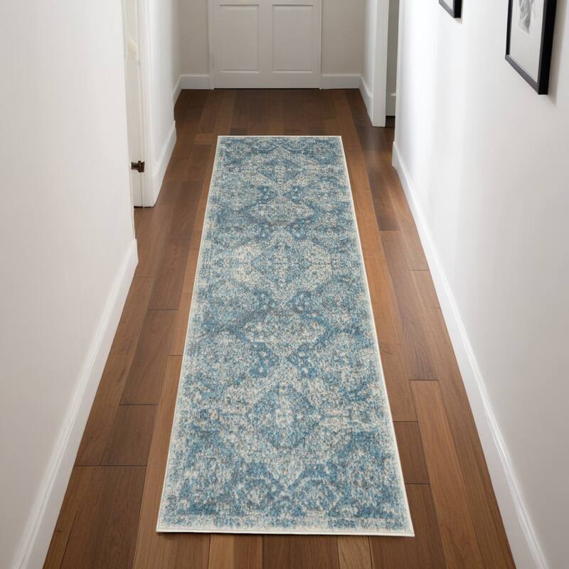 Power Loomed Distressed Geometric Abstract Modern Stain Resistant Area Rug - 87' X '27' X '0.5 - 87' X '27' X '0.5 - Oxford Blue - Runner