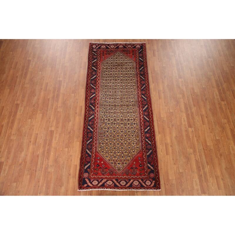Hand Knotted Oriental 100% Wool Carpet Traditional Geometric Brown Koliaei Runner Rug - 9' 4'' X 3' 9''