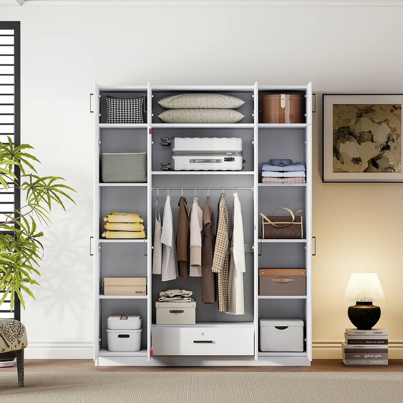 4-Door Wardrobe Armoire with Drawer and Overhead Cabinet Clothes Storage Cabinet for Bedroom - White