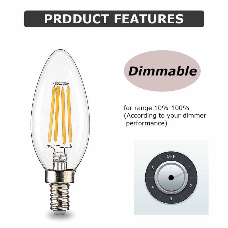 Acroma 4 Watt (40 Watt Equivalent), C11 LED, Dimmable Light Bulb, Warm White ( 2700K) E12/Candelabra Base (Set of 12)-UL - Clear