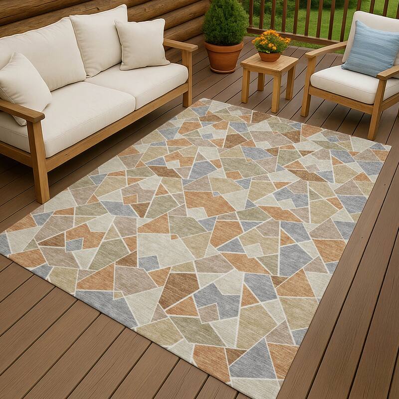 Machine Washable Indoor/ Outdoor Modern Mosaic Chantille Rug