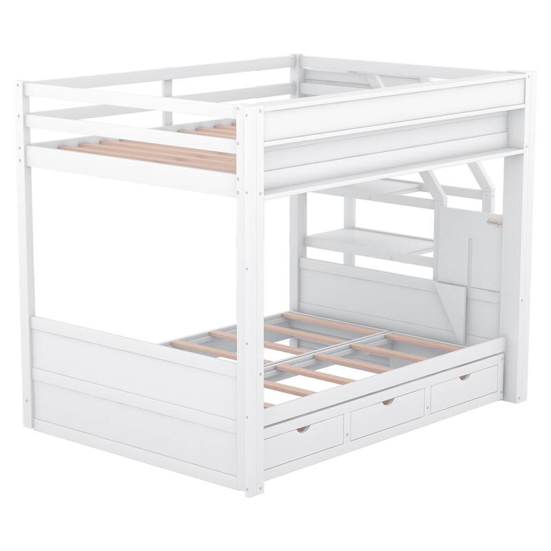 Convertible Full Size Bunk Bed with Storage Staircase, Bedside Table, and 3 Drawers, White