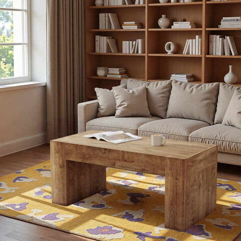 48" Farmhouse Coffee Table, Rectangle Wooden Center Table with Hidden Storage Drawer, Thick Coffee Tables for Living Room