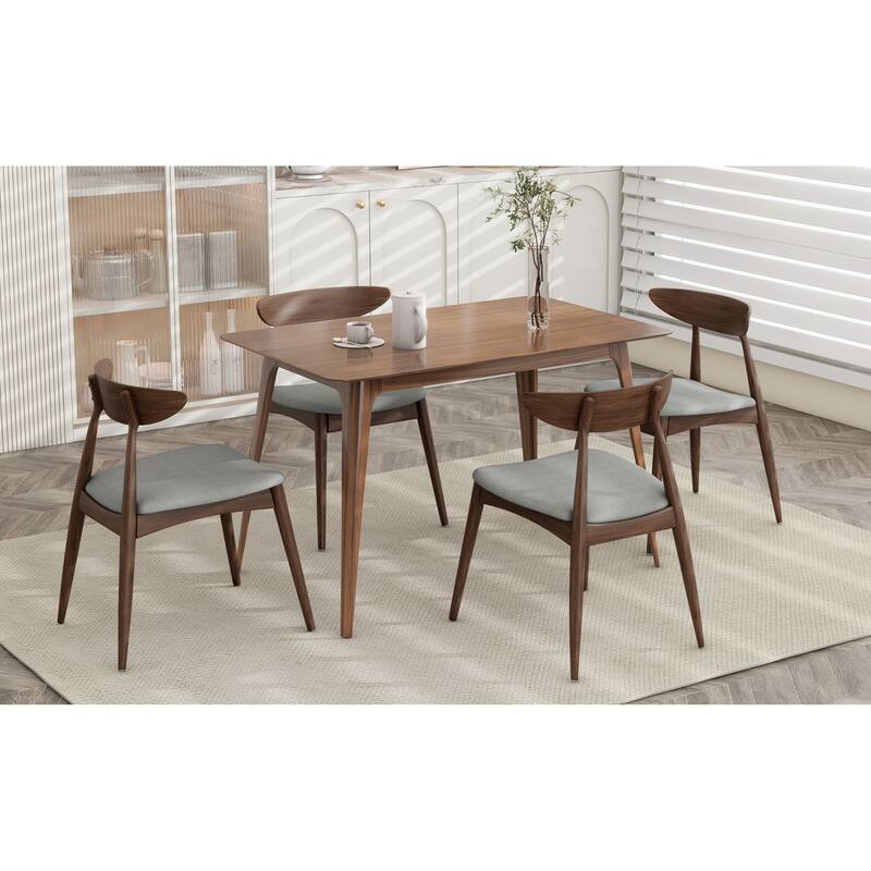 Roomfitters 5-Piece Mid-Century Dining Set, 47" Walnut Table with 4 Ergonomic Upholstered Chairs