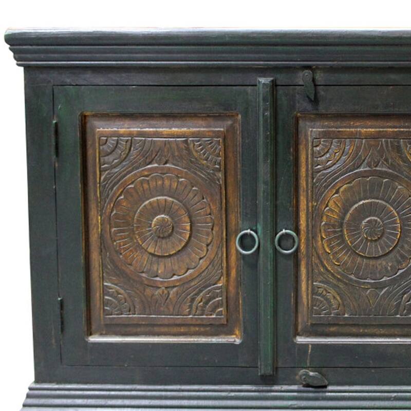 HomeRoots 60" Dark Brown and Green Solid Wood Three Drawer Buffet Table with Two Doors - 60.00 in. x 36.00 in. x 16.00 in.