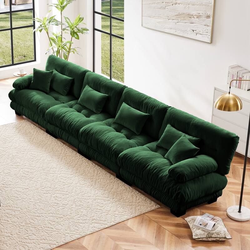 Oversized Modular 4-Seater Chenille Sofa Couch with Throw Pillows - Green