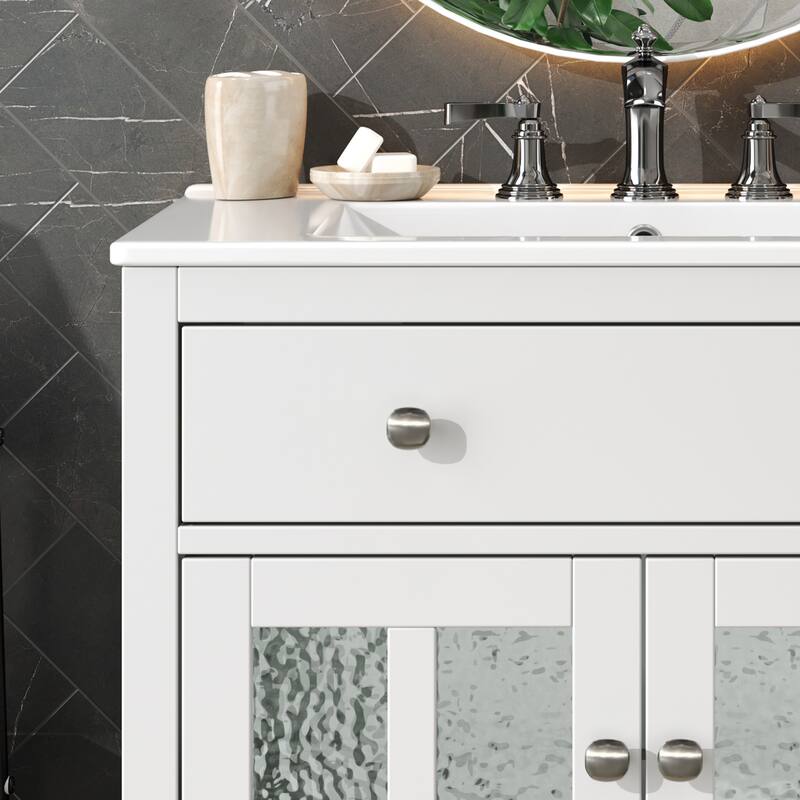 30" Storage Cabinet with Glass Doors, Bathroom Vanity with Ceramic Sink, Adjustable Shelf, Tip-Out Tray and Silver Metal Knobs