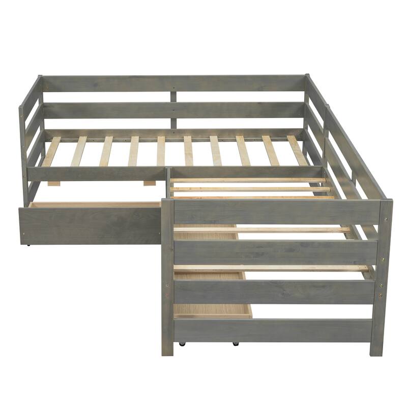Solid Wood Twin L-Shaped Platform Bed with 3 Storage Drawers, Space-Saving Design