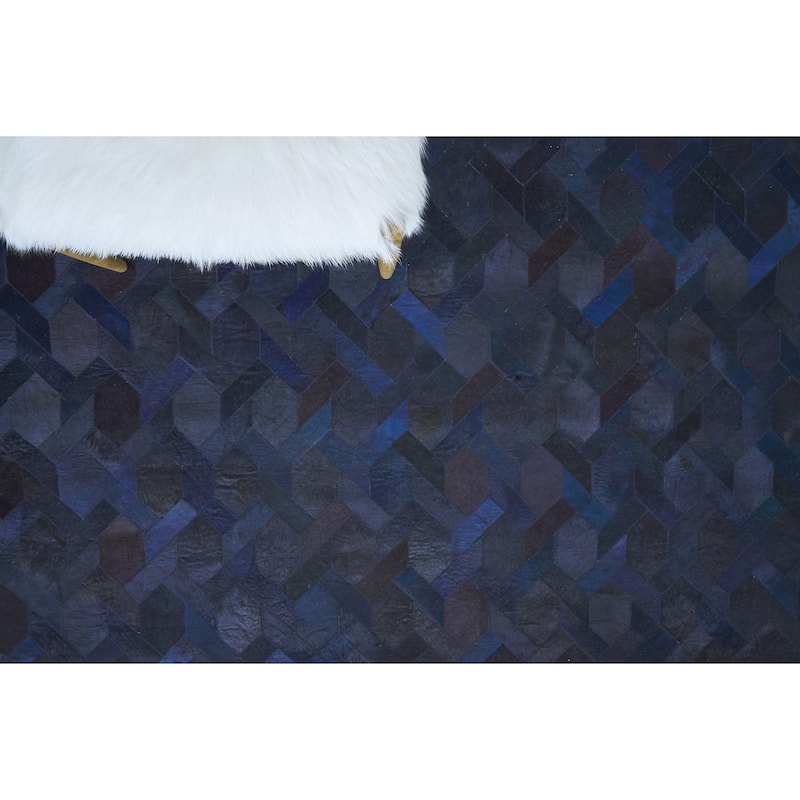 EXQUISITE RUGS Natural Hide Hand-stitched Leather Hide Blue Area Rug.