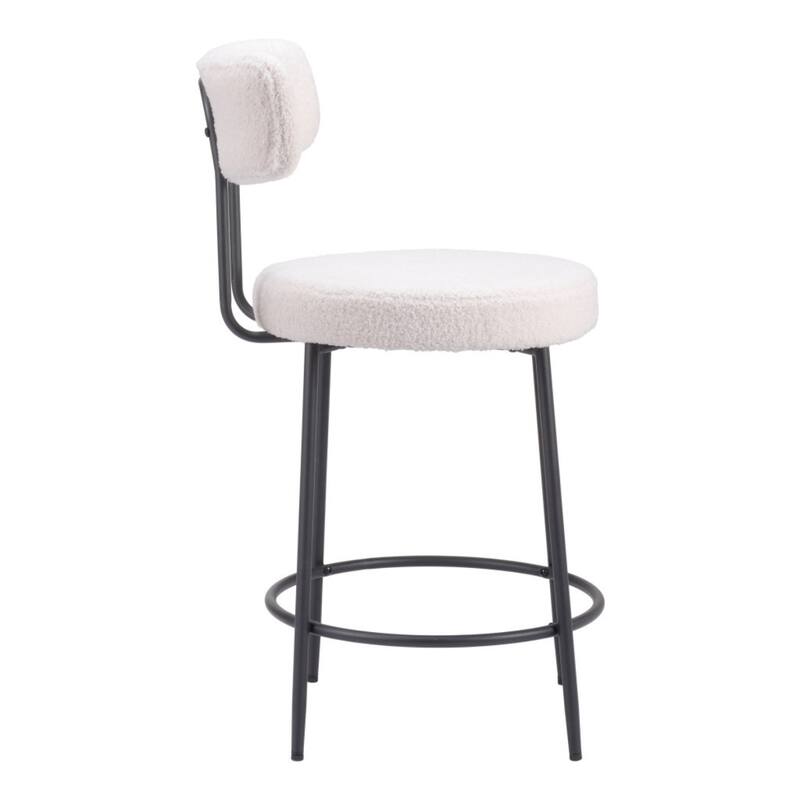 25-Inch Seat Ivory Shearling Upholstered Counter Stools Set of 2 with Low Back and Black Steel Frame - 36.4”H x 18.5”W x 22”D