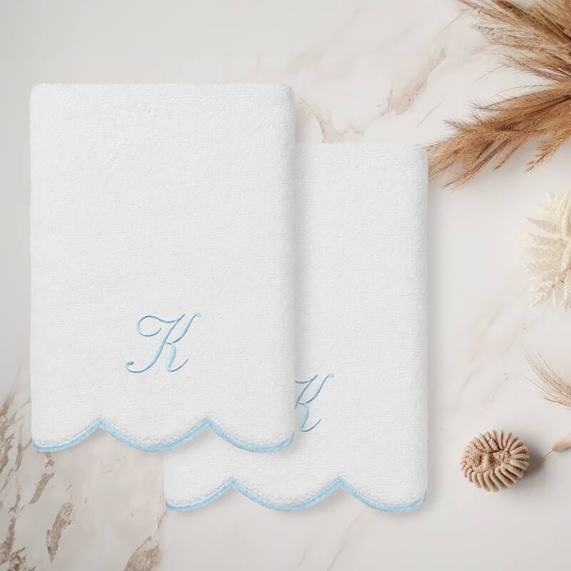 Authentic Hotel and Spa 100% Turkish Cotton Blue ADORNIA Scallop Personalized 2 Piece Hand Towel Set - 2 Hand Towels