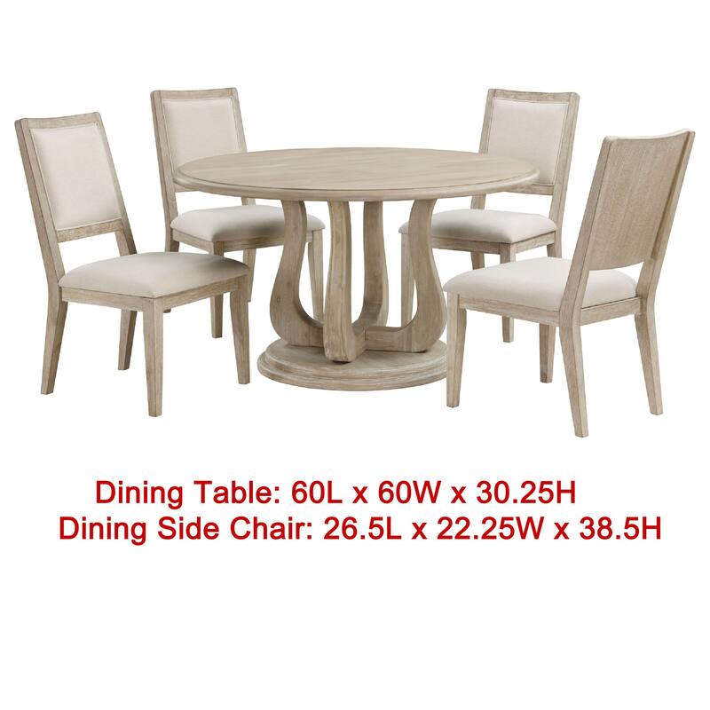 Eva 5pc Dining Table Set, White Washed Round Wood Top, Beige Chairs