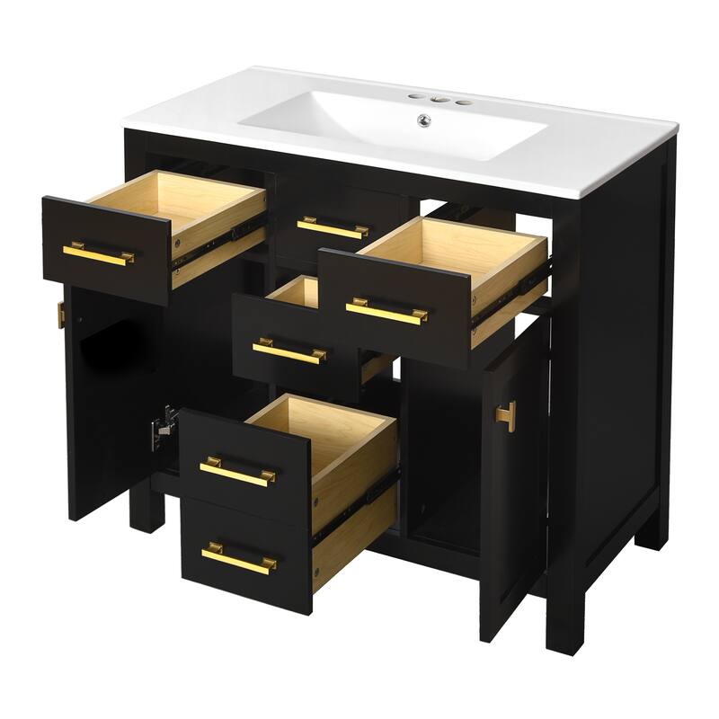 GDFStudio - Norham Modern Bathroom Vanity Set with Ceramic Sink and 4 Storage Drawers & 2 Doors - 36'W