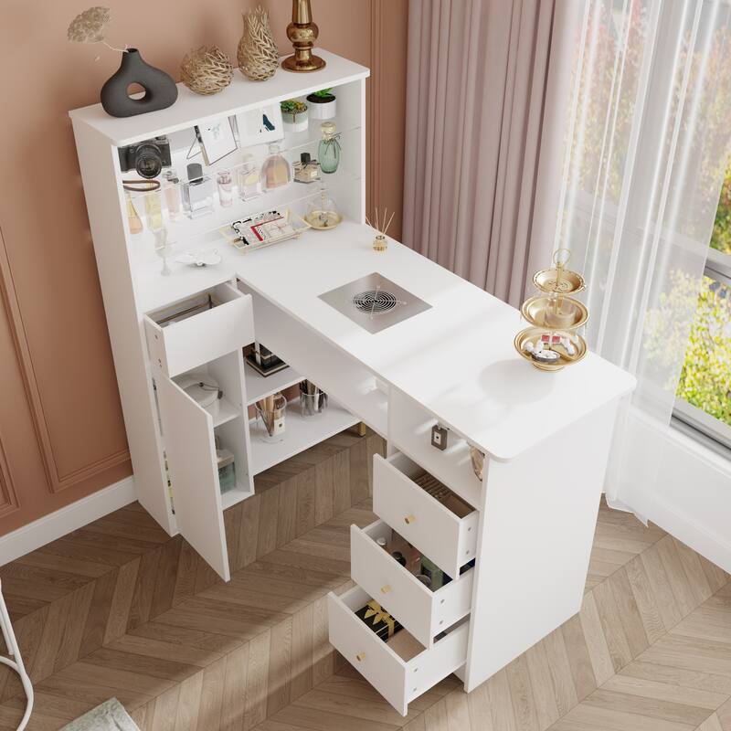 White Nail Desk with Dust Collector, Glass Shelf & Gold Handles – Manicure Station for Salon and Home