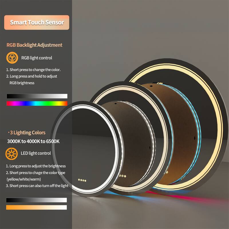 Firm RGB Backlit Led Mirror Bathroom Vanity 3 Dimmable Lights Anti-fog