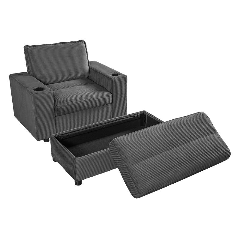 Roomfitters Oversized Chaise Lounge Chair with Storage Ottoman and Built-in USB Charging Port, Corduroy Sleeper Couch
