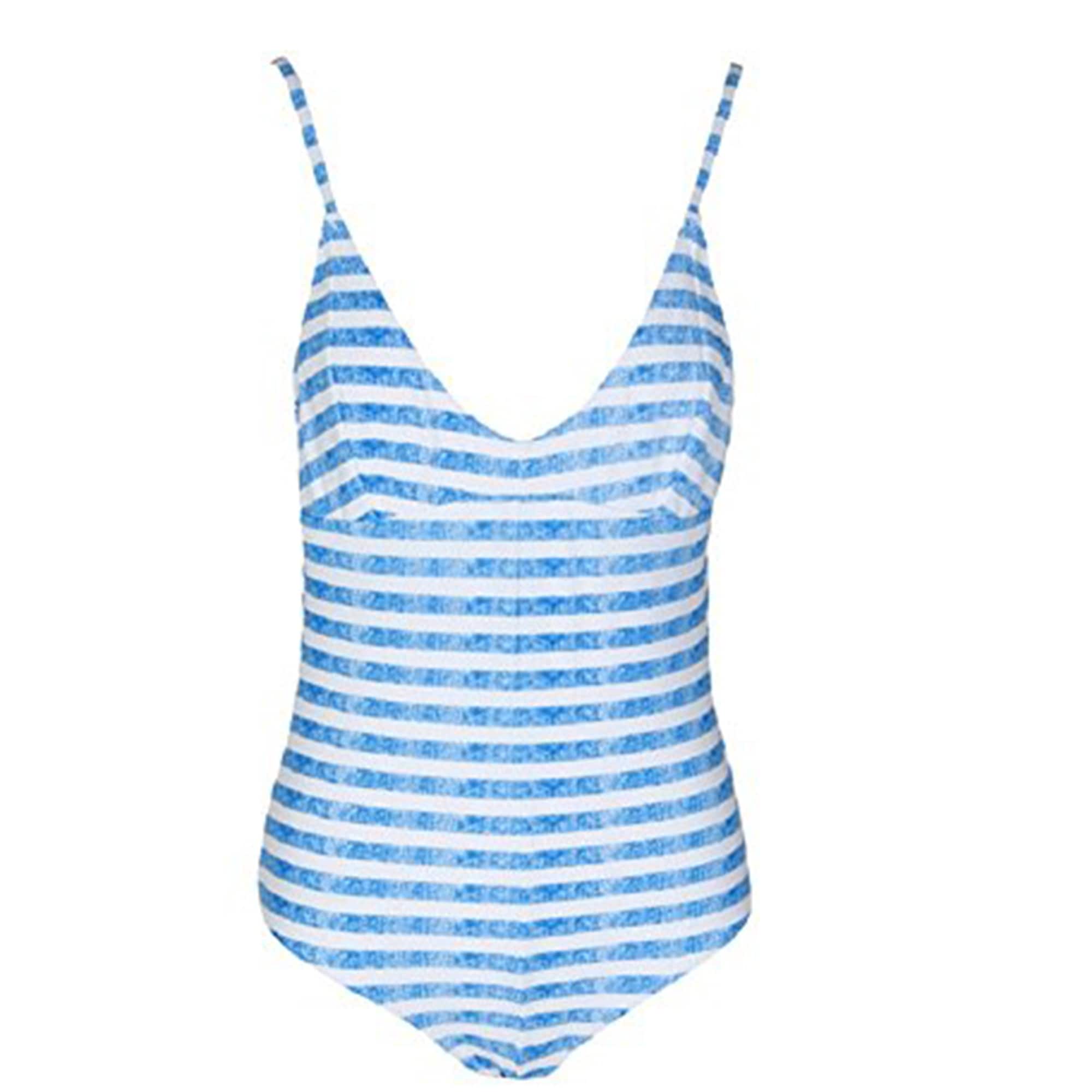 blue and white striped one piece bathing suit