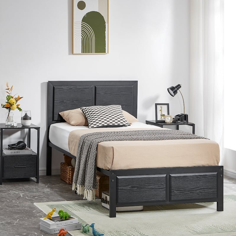 Bedroom Set of 3 Wood Headboard Platform Bed Frame Set of 2 Nightstands with Charging Station USB Port