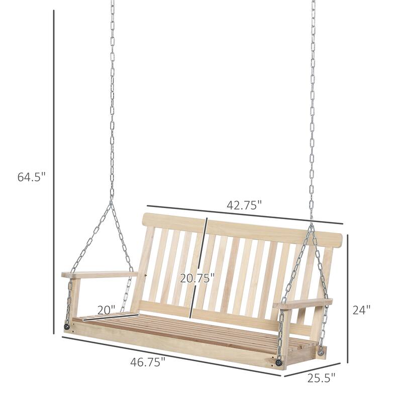 2-Seater Hanging Porch Swing Outdoor Patio Swing Chair Seat with Slatted Build and Chains, 440lbs Weight Capacity, Natural