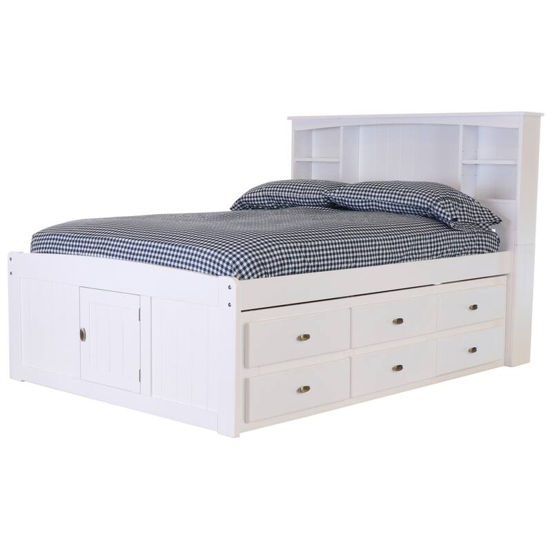 Full Size Bookcase Bed with Drawers - Solid Pine Bed Frame - Under Bed Storage - Casual White Finish