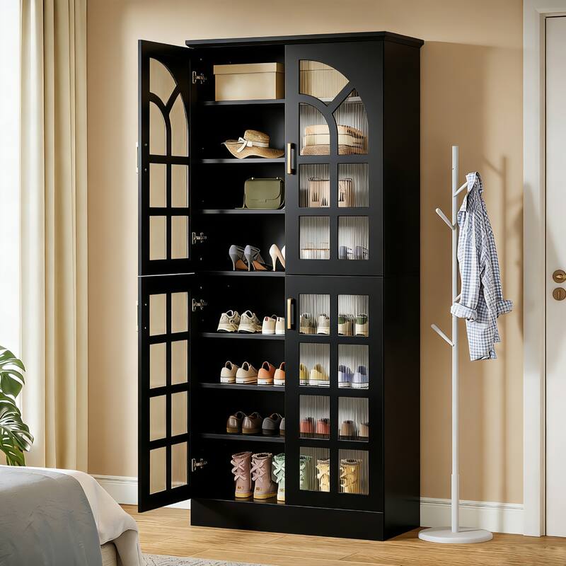 35 Pairs Tall Shoe Storage Cabinet with Doors, 8 Tiers Shoe Rack Organizer with LED Light and Adjustable Shelves for Entryway