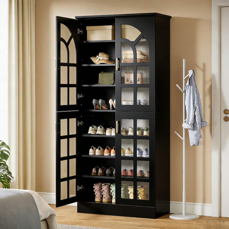 8-Tier Tall Shoe Storage Cabinet with Doors, Led Lights and Adjustable Shelves for Entryway, White