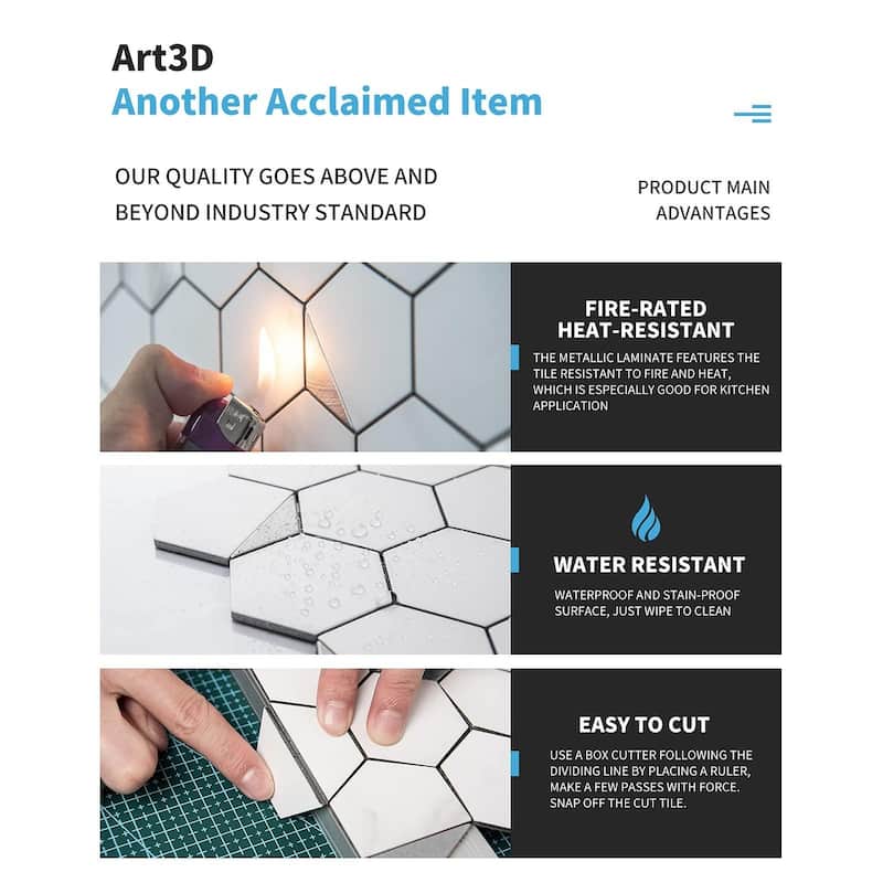 Art3d Peel and Stick Backsplash Tile for Kitchen, Bathroom, Self-Adhesive Tile Hexagon Mosaic Tiles
