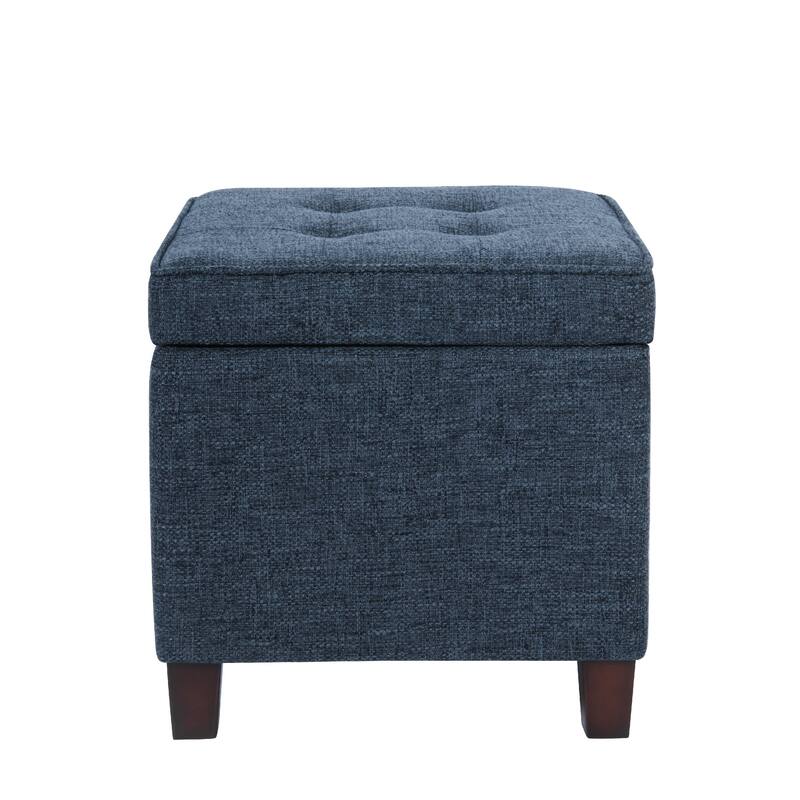 Hery 18 Inch Square Tray-Top Storage Ottoman in Navy Blue Woven Fabric - Blue+Brown
