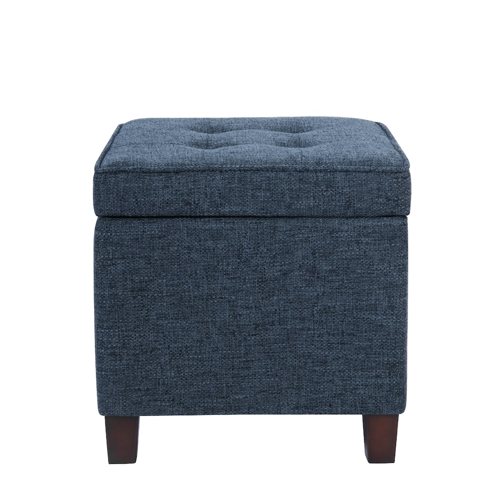 Hery 18 Inch Square Tray-Top Storage Ottoman in Navy Blue Woven Fabric