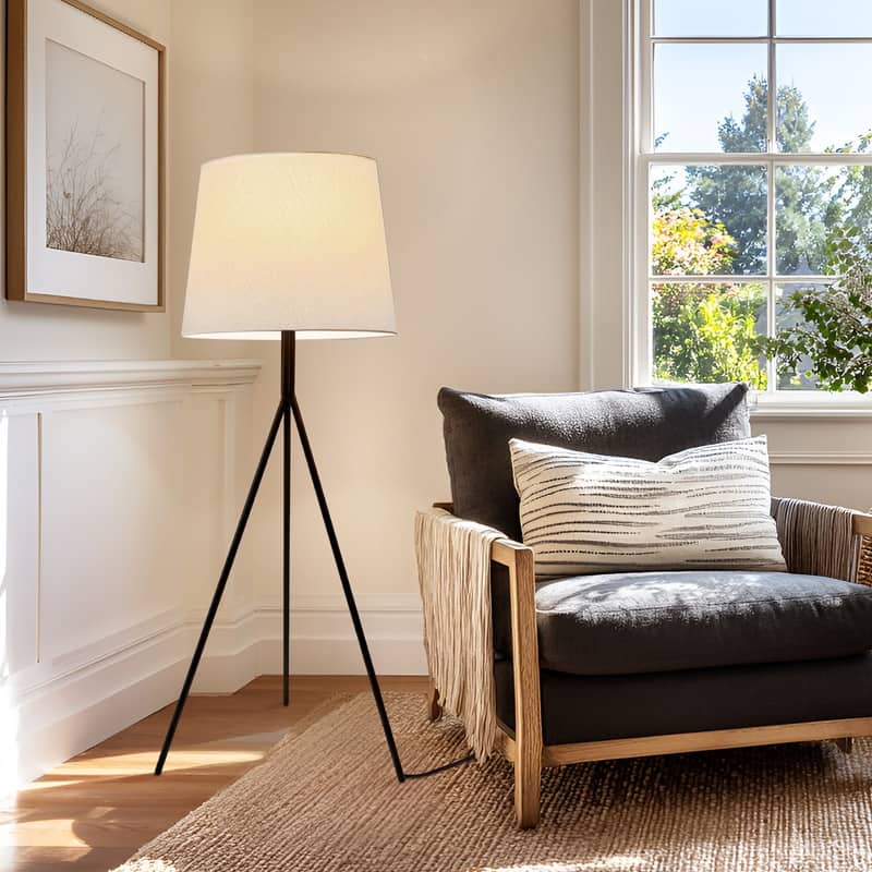 Brightech Forge 52 in. Classic Black Contemporary Modern 1-Light LED Color Adjusting Floor Lamp with Ivory Cotton Empire Shade