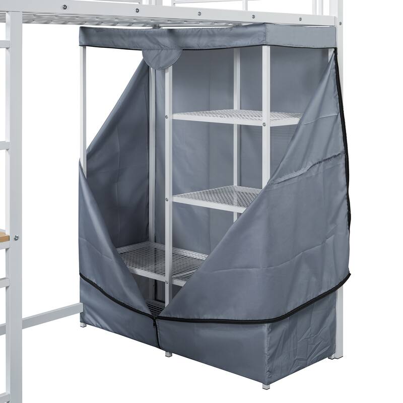 Full Size Metal Loft Bed with Workstation Desk, Built-In Shelves, LED Light Strip, Power Outlet & Hanging Wardrobe Storage