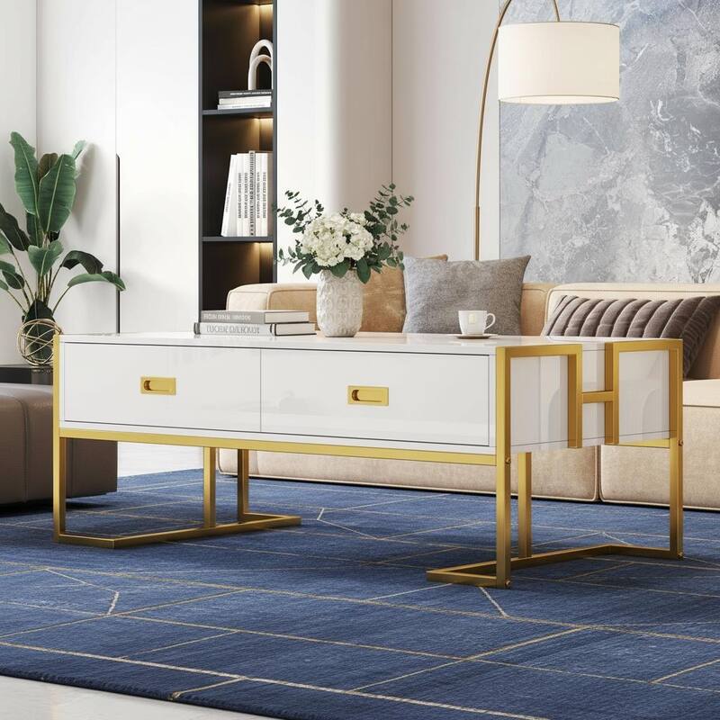 Modern Glam Rectangular Coffee Table with 4 Hidden Drawers by Harper&Bright Designs - White+Gold