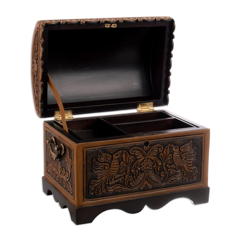 Novica Handmade Andean Flowers And Birds Cedar And Leather Decorative Box