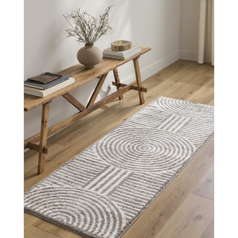 Livabliss Scandinavian Fossay Shag Stripe Washable Area Rug - 6'7" x 9' - Light Beige/ Charcoal