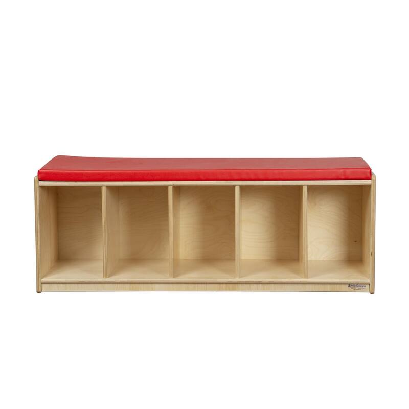 Wood Designs Kids Reading Bench with Red Cushion, Birch Wood Sturdy Cubby Storage Bench for Toddler - 16" High