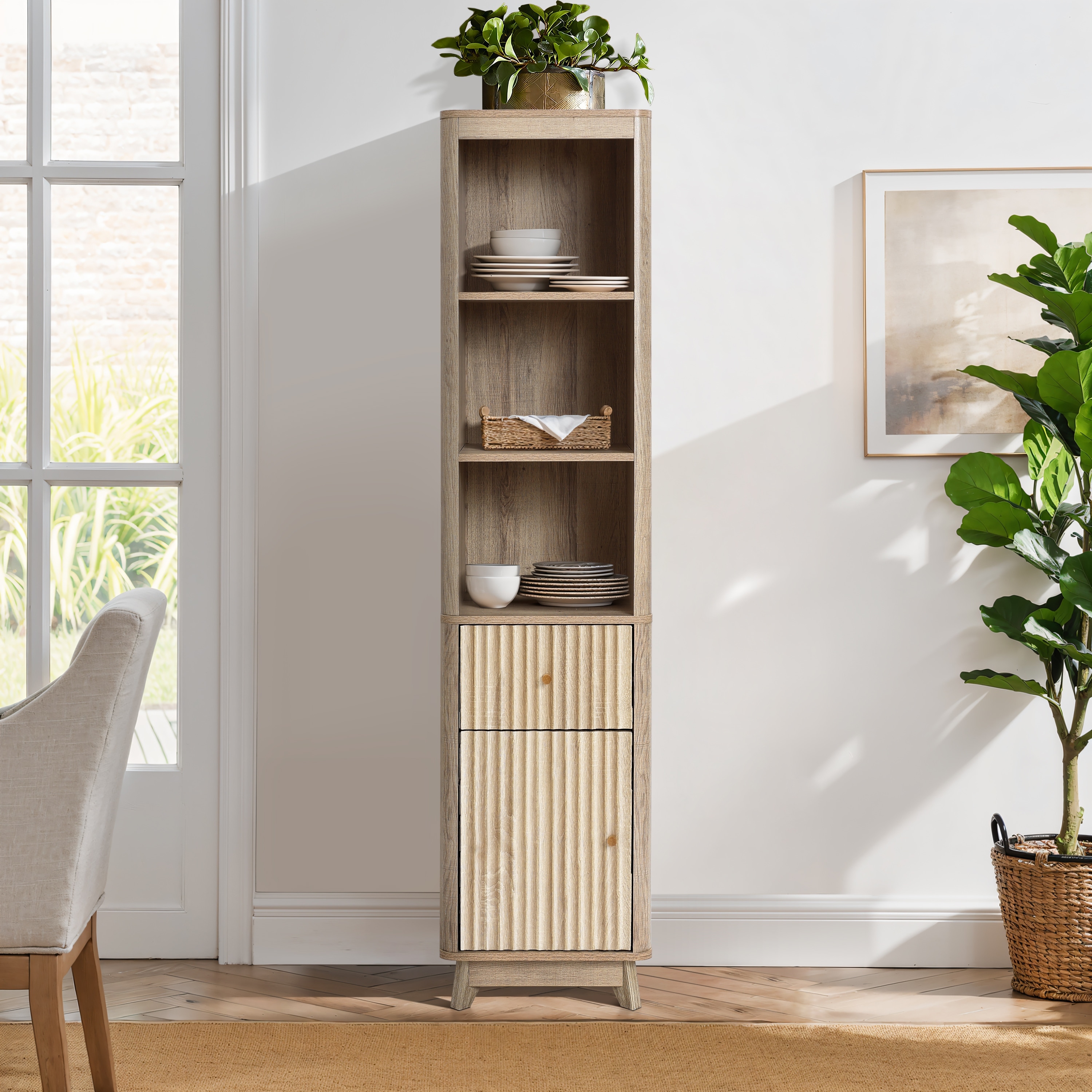 Natural Finish Wave-Patterned Manufactured Wood 1-Drawer 1-Door