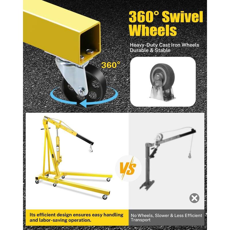 2-Ton Shop Crane, Hydraulic Folding Engine Hoist w/6 Steel Casters