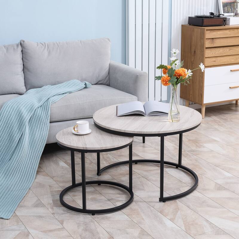 Round Nesting Tables Set of 2, Stacking Coffee Table Set with Metal Frame for Living Room, Grey
