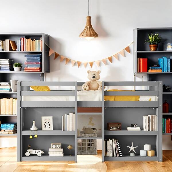 slide 2 of 6, Kids Twin Loft Bed With Multifunction, Sturdy Construction Loft Bed, Stylish Kids Low Bed Grey