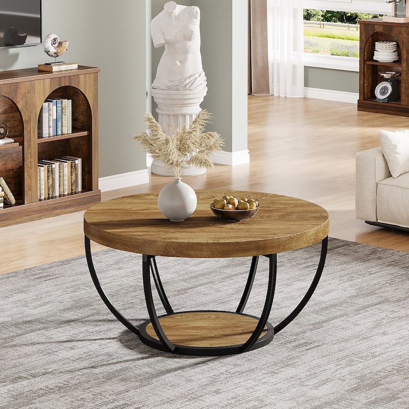 31.7" Round Coffee Table, Modern 2-Tier Living Room Table Center Table