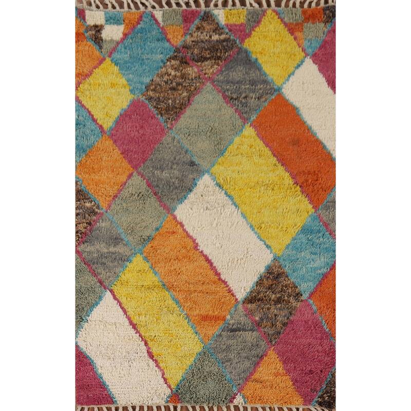 Hand Knotted Oriental 100% Wool Carpet Modern All-Over Multi-Colored Moroccan Area Rug - 6' 3'' X 4' 0''