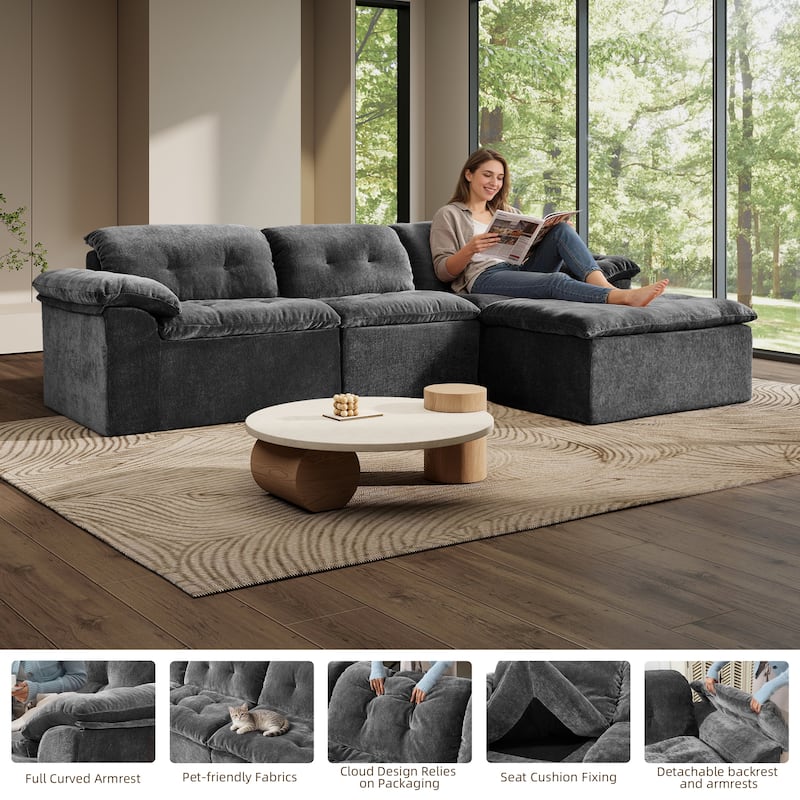 Rossetta L-Shaped Modular Chenille Cushioned Extreme Comfort Sofa with Detachable Backrest and Armrests, 1 Removable Ottoman