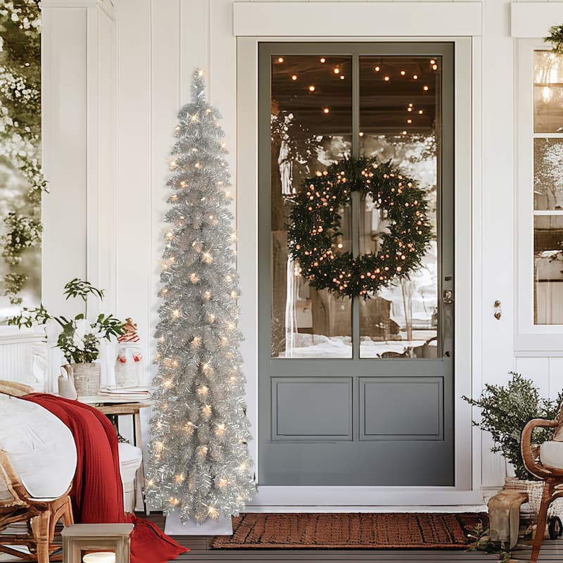 Puleo International 6' Pre-Lit Artificial Alpine Silver Pencil Tree - 6 Foot