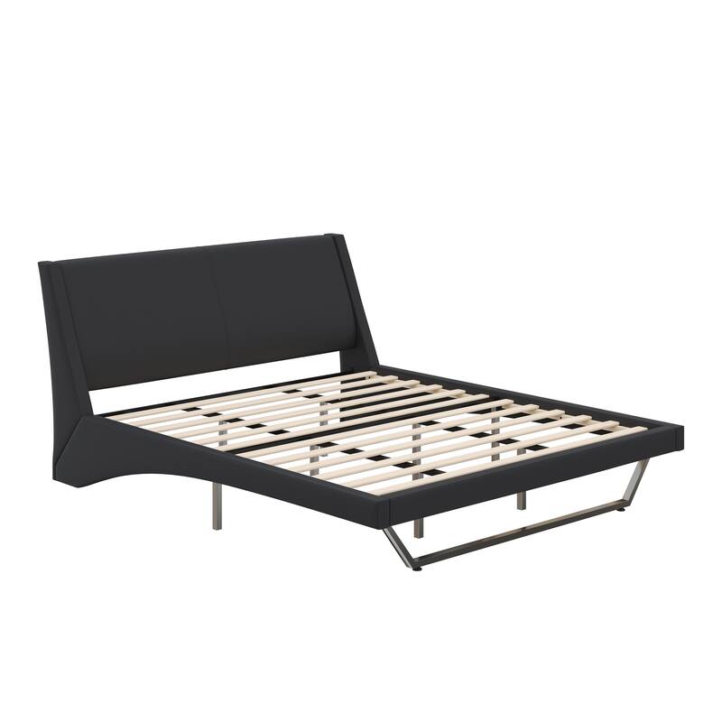 Christopher Knight Home - Persephone PU Leather Bed Frame with Wave-Like Curve Design and Trapezoidal-Shaped Leg