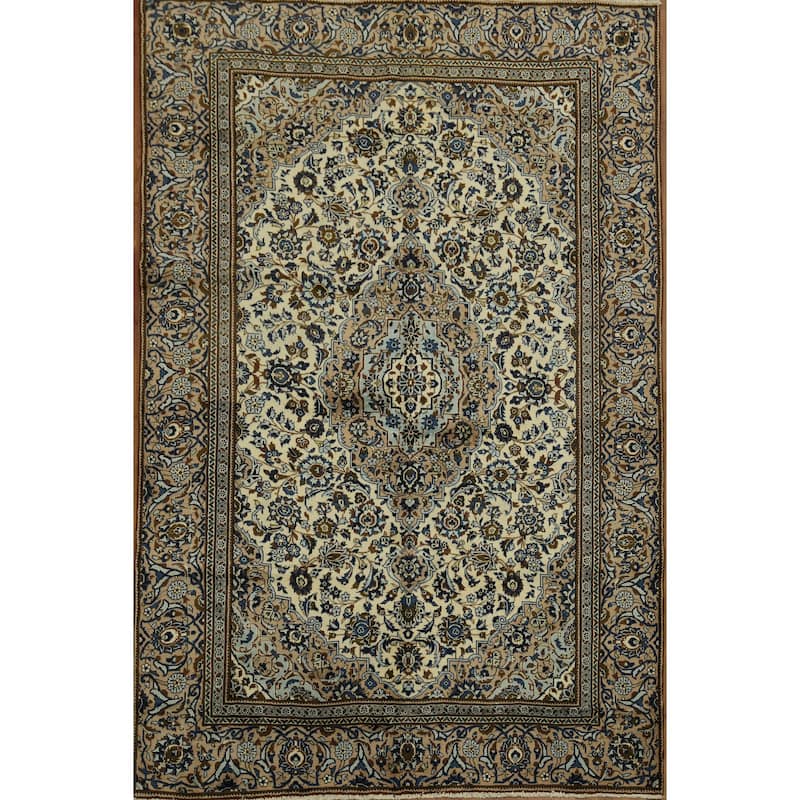 Hand Knotted Oriental 100% Wool Carpet Traditional Floral Beige & Ivories Kashan Area Rug - 9' 3'' X 6' 2''